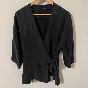 Yasemin Özeri Istanbul Black Liquid Butter Silk Wrap Blouse | Designer Size S